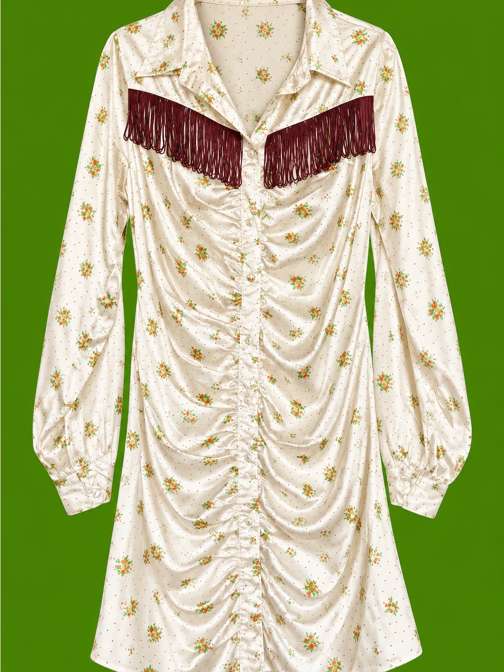 Floral Satin Dress with Brown Fringe Trim